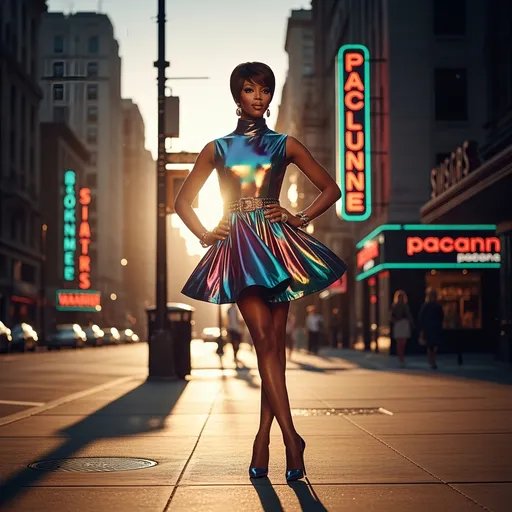 Prompt: Imagine a glamorous scene set in a chic 1960s urban environment, where Naomi Campbell stands confidently on a bustling city street. She is adorned in a vibrant, metallic minidress designed by Paco Rabanne 60s look and typical 60s pixie cut, its shimmering fabric catching the sunlight and reflecting a kaleidoscope of colors and high heels pumps The golden hour casts a warm glow, illuminating her striking features and creating soft shadows that accentuate her elegance. Her pose is poised yet playful, with one hand on her hip and a slight smile hinting at her charisma. The retro architecture surrounding her reflects the era, with neon signs flickering in the background. A gentle breeze stirs, causing her dress to flutter slightly, adding a sense of movement to the scene. The atmosphere is alive with the essence of the 60s — stylish, vibrant, and full of life, evoking an iconic moment in fashion history. Consider rendering this in a stylish, vibrant retro illustration style.