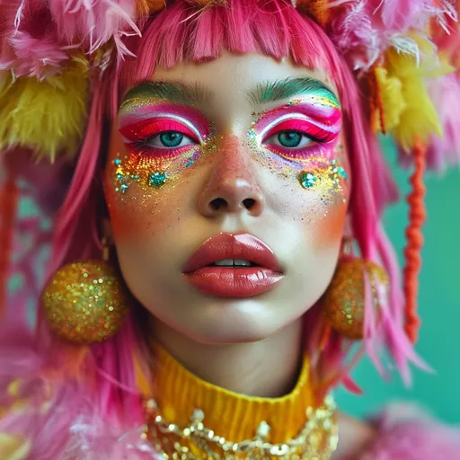 Prompt: (Brat Makeup), vibrant colors, bold patterns, playful and youthful style, exaggerated facial features, creative layering, enchanting lighting, glitzy bursts of glitter, eclectic and fun accessories, high contrast visuals, artistic expression, modern beauty trend, expressive and whimsical, ultra-detailed, HD quality, carefree ambiance.