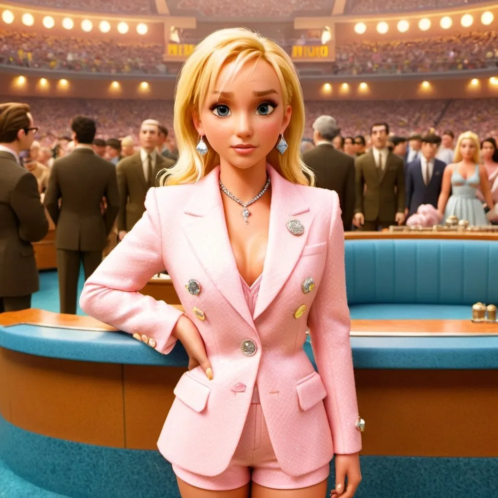 Prompt: Britney Spears wearing a diamond and glittered suit by Miu Miu in a Wes Anderson oniric scenario 