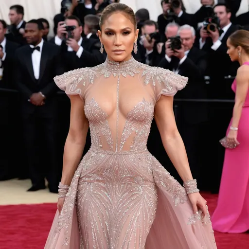 Prompt: Highly detailed image of Jennifer Lopez wearing a very glamorous and high fashionable highly detailed 64k 3D dress by Valentino in Rosa Valentino