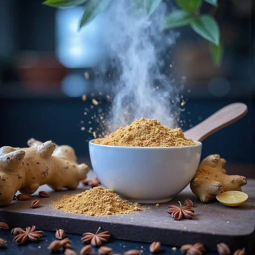 Prompt: (zenzero polvere), finely ground ginger powder, warm earthy tones, warm lighting, rustic kitchen ambiance, scattered spices around, a wooden spoon beside, high-quality 4K detail, inviting atmosphere, gentle shadows enhancing texture, focus on zenzero's rich, aromatic quality, natural visual elements enhancing the homemade feel, soft bokeh in the background for depth.