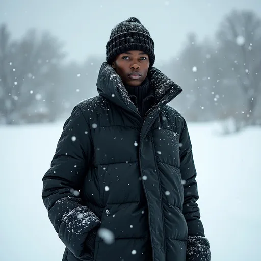 Prompt: Alek Wek in a stylish (Margiela winter outfit), surrounded by a breathtaking snowy landscape, highlighting the contrast between the dark attire and the brilliant white snow, (vibrant details), soft snowflakes falling gracefully all around, mood (serene), lighting (cool tone, glistening), capturing the beauty of winter fashion, ultra-detailed, (high quality 4K).