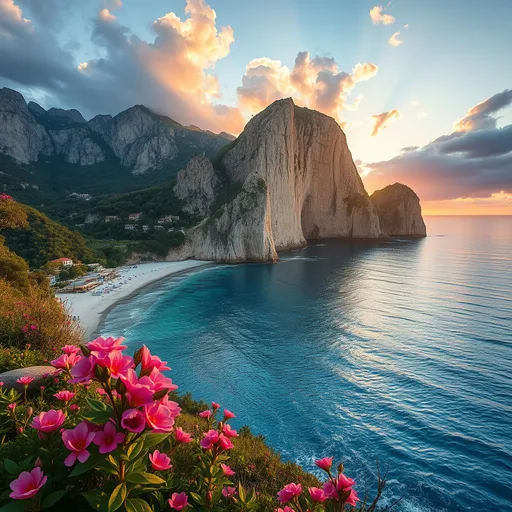 Prompt: (Saranda landscape), breathtaking coastline, (turquoise blue waters), lush greenery, vibrant blooming flowers, dramatic cliffs rising from the sea, warm sunlight illuminating the scene, serene atmosphere, picturesque beach view, rich textures and details, tranquil waves, (high quality, ultra-detailed), captivating sunset reflections on the water.