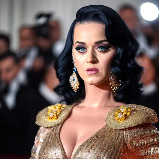 Prompt: Ultra realistic Katy Perry in a slim long and very detailed Dolce&Gabbana dress, with a eyes makeup,  messy hair, beautiful and perfect skin, perfect eyes and colour, sensual look, full body image, dim light, in Sanremo Festival HD 64k