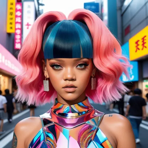 Prompt: Hyperrealistic and very detailed Rihanna harajuku girl with a hyperrealistic face and hyperrealistic hair and ultra realistic cyber dress wearing in a extremely abstract Wes Anderson Tokyo