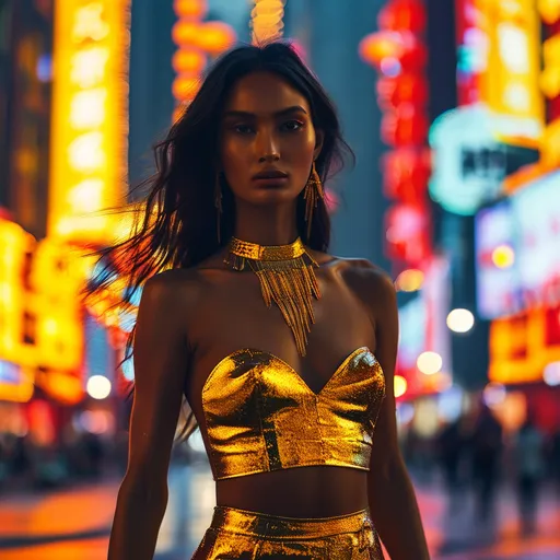 Prompt: (Native American top model), wearing dazzling (golden hot pants), elegantly striding through vibrant Shanghai streets, illuminated by colorful city lights, modern skyscrapers reflecting a lively atmosphere, stylish and confident pose, warm hues highlighting the evening ambiance, bustling urban background, ultra-detailed, photorealistic depiction showcasing fashion and dynamic energy.