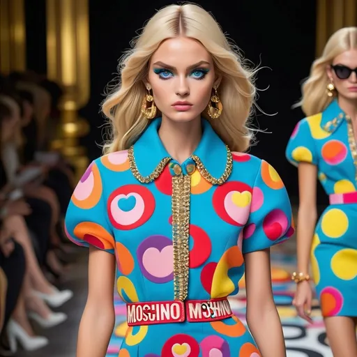 Prompt: (Moschino fashion design), bold colors, playful patterns, iconic logo, high fashion elegance, whimsical elements, energetic vibe, glamorous texture, chic accessories, captivating detail, stylish background, (ultra-detailed), modern aesthetic, vibrant and dynamic atmosphere, couture influence, luxurious ambiance, striking visuals, inspired by haute couture.