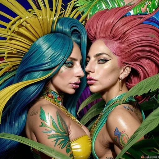 Prompt: (fantasy concept art) dynamic portrayal of (Lady Gaga) intertwined with a vibrant depiction of a (Brazilian girl), showcasing flamboyant styles and bold colors, set against a lush, colorful Brazilian jungle backdrop, warm lighting enhancing exotic elements, (highly detailed), portraying a blend of iconic fashion and cultural richness, an expression of diversity and artistry.