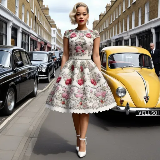 Prompt: Hyper Realistic and very detailed Rita Ora wearing a hyper realistic and very detailed Valentino 50s look with a very detailed Valentino dress and very detailed Valentino shoes in the centre of a very accurate 50s London 64k Hd, very accurate 3D 