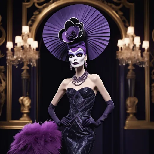 Prompt: (Yzma reimagined by Chanel), elegant fashion, dramatic silhouette, luxurious textures, striking contrast in colors, (high-fashion aesthetic), intricate details, chic accessories, stylish pose, opulent background with dark hues and plush materials, sophisticated ambiance, (vibrant and glamorous), bold expressions, ultra-detailed and expressive, haute couture theme, ambiente of power and elegance.