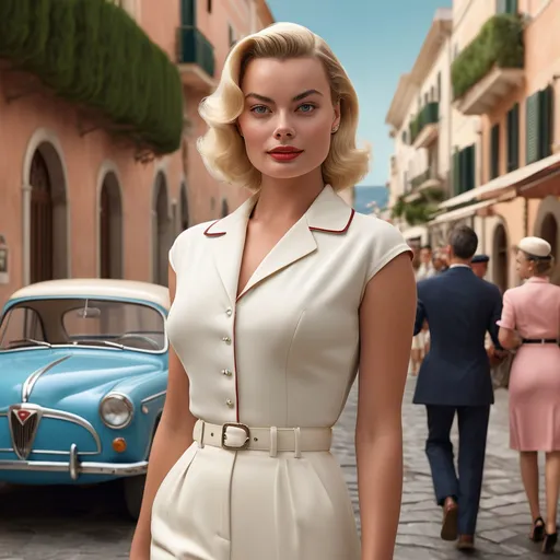 Prompt: Hyperrealistic 3D rendering of Margot Robbie in 50s Italian Capri fashion, photorealistic, accurate facial features, Prada outfit, high resolution 64k, detailed textures, realistic lighting, Capri street backdrop, sophisticated, elegant, photorealism, Italian fashion, 50s style, high quality, Prada, detailed design, accurate portrayal, realistic rendering, lifelike, professional, professional lighting 