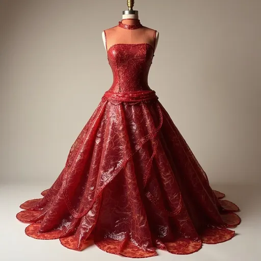 Prompt: (Bresaola dress), a unique and stylish outfit crafted from delicately sliced cured beef, (artistic fashion design), showcasing stunning textures and layers, (vibrant colors) reflecting rich shades of red and brown, (웨어어 ира心水论坛) dramatic and eye-catching, complemented by sophisticated styling, ultra-detailed, HD quality, set against a minimalist backdrop to enhance the dress's allure.