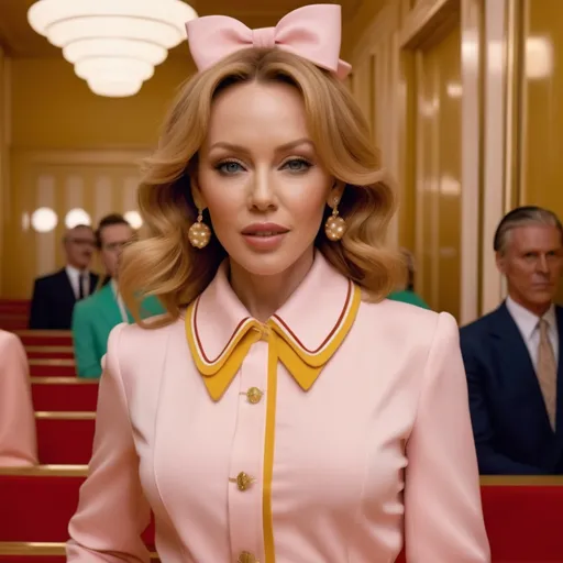 Prompt: Hyper realistic Kylie Minogue wearing a Miu Miu outfit in a Wes Anderson Movie 