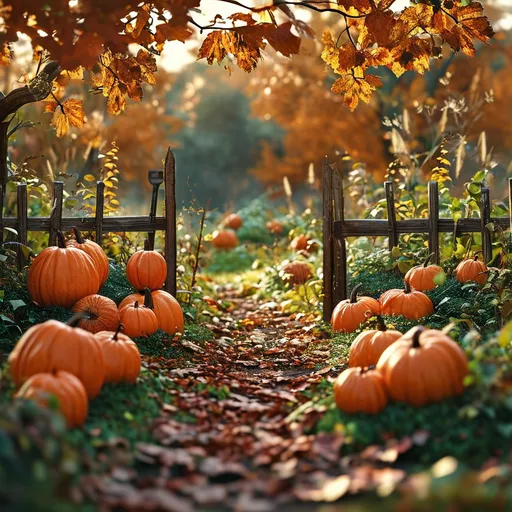 Prompt: (cozy pumpkin garden), warm autumn tones, vibrant foliage, soft golden sunlight filtering through trees, inviting ambiance, pumpkins of all sizes scattered amidst green vines, rustic picket fences, gentle breeze rustling leaves, hint of nostalgia and tranquility, (4K), ultra-detailed, serene atmosphere, vibrant marigolds and chrysanthemums in the background