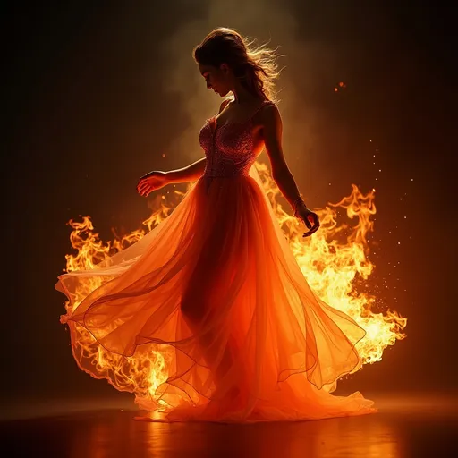 Prompt: Fire dress, vibrant flames enveloping a flowing gown, glowing with hues of deep orange, fiery red, and hints of gold, creating an ethereal effect, sophisticated movement captured in a dynamic pose, set against a contrasting dark background, capturing an enchanting and dramatic atmosphere, incredibly detailed 4K, ultra-detailed, masterpiece.