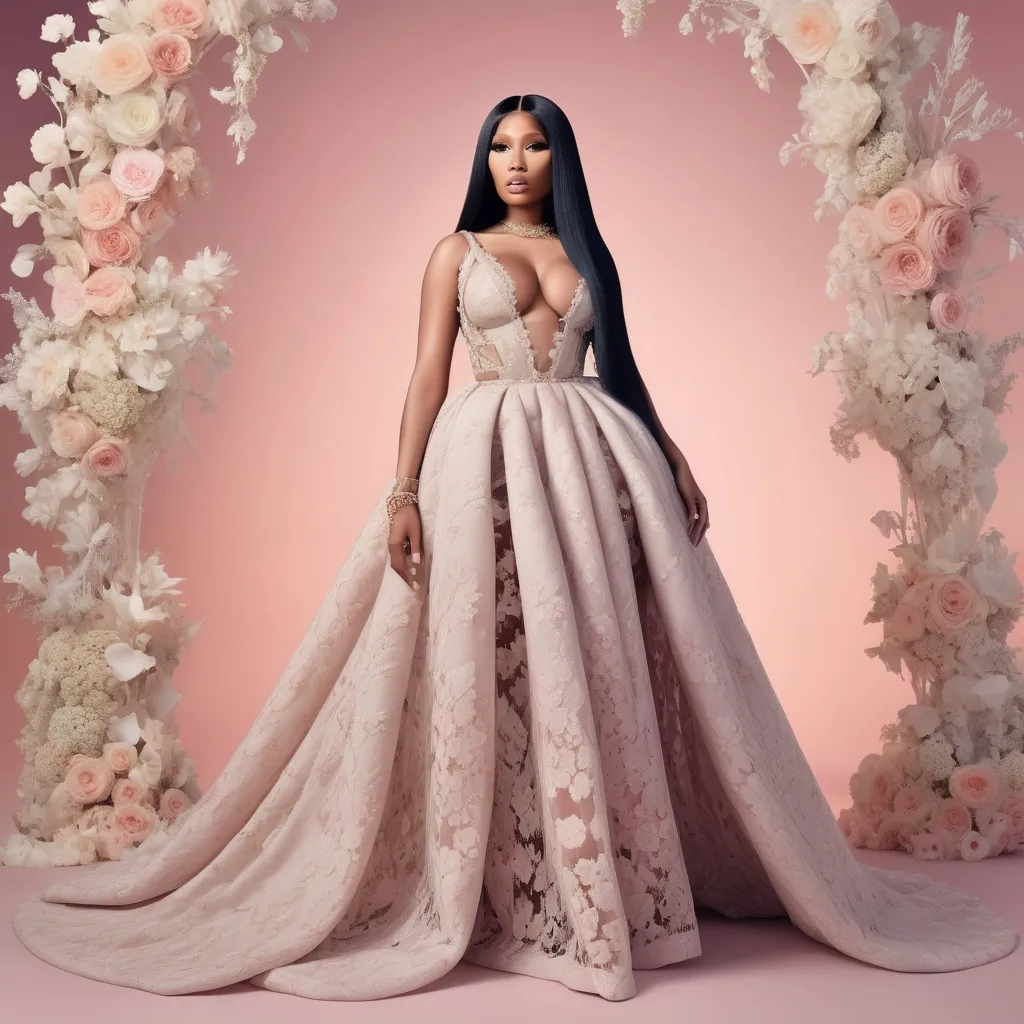 Prompt: Nicki Minaj in a (very delicate) Valentino dress, elegant pose, ethereal ambiance, intricate lace details, flowing fabric, soft pastel colors, graceful silhouette, gentle lighting, (high fashion), (4K), stylish background with floral accents, captivating expression, modern glamour, showcasing sophisticated beauty, luxurious atmosphere, ultra-detailed texture.