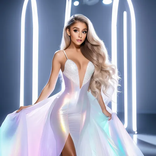 Prompt: ethereal female hyper realistic Ariana Grande slender, big chested, full body, white iridescent dress, light coloured long hair Ultra HD 