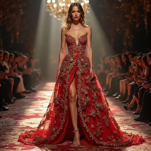 Prompt: (Dolce&Gabbana dress), elegant fashion, haute couture, intricate floral patterns, luxurious fabric textures, vibrant colors, dramatic silhouette, high-quality fabric details, stunning embellishments, graceful design, soft, warm lighting, an opulent fashion show environment, ultra-detailed, 4K resolution, glamorous ambiance, showcasing sophisticated style and chic aesthetics.