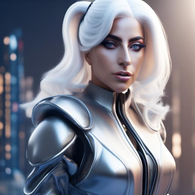 Prompt: Dressed like a very realistic Lady Gaga Robotic Pleiadian Nordic blonde from the Galactic Federation of Light,  high resolution, 3D render, style of cyberpunk 