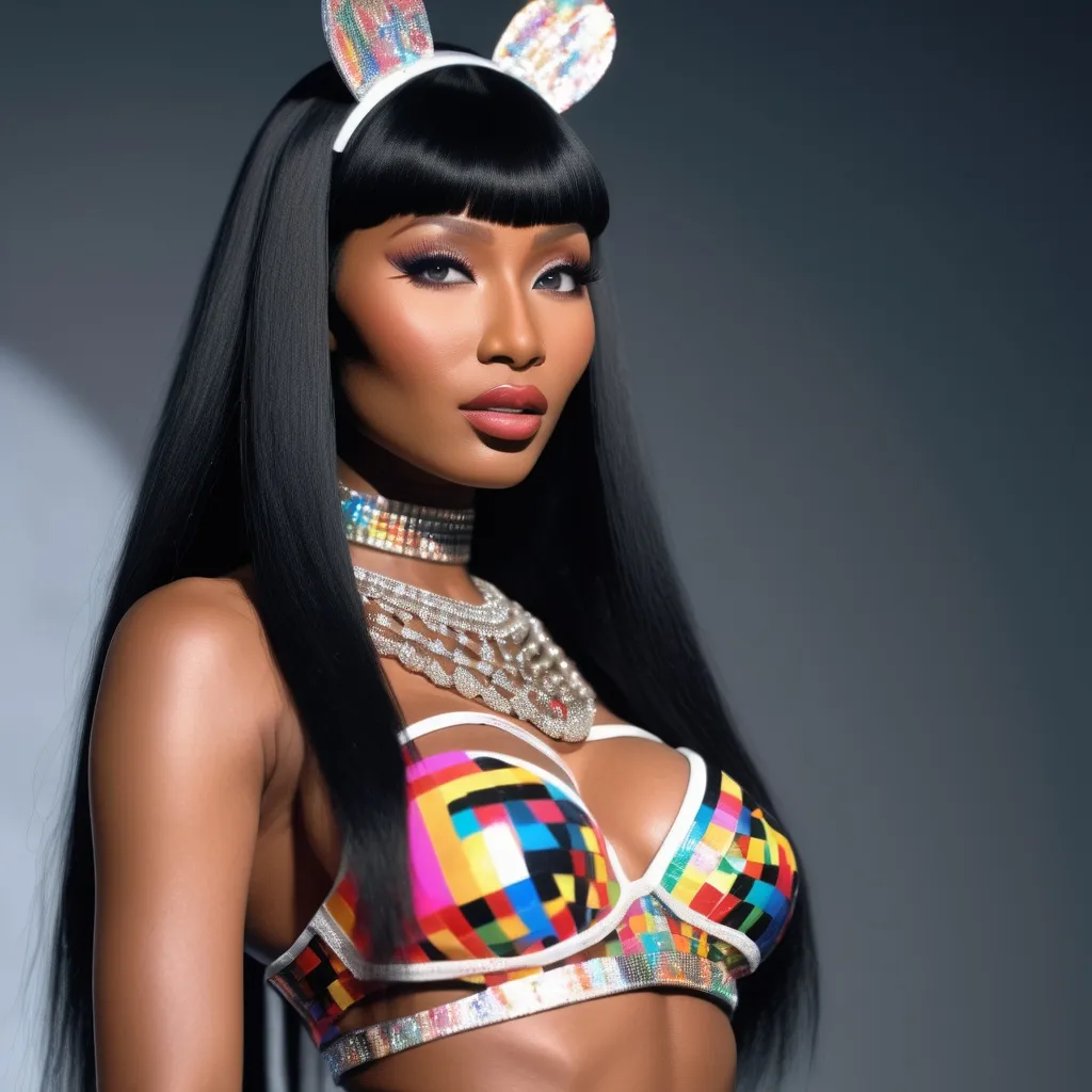 Prompt: Hyper realistic Nicki Minaj as hyper realistic Naomi Campbell wearing a very accurated and hyper realistic look as rave dancer in the 1990s in Madrid 3d quality 64k Hd