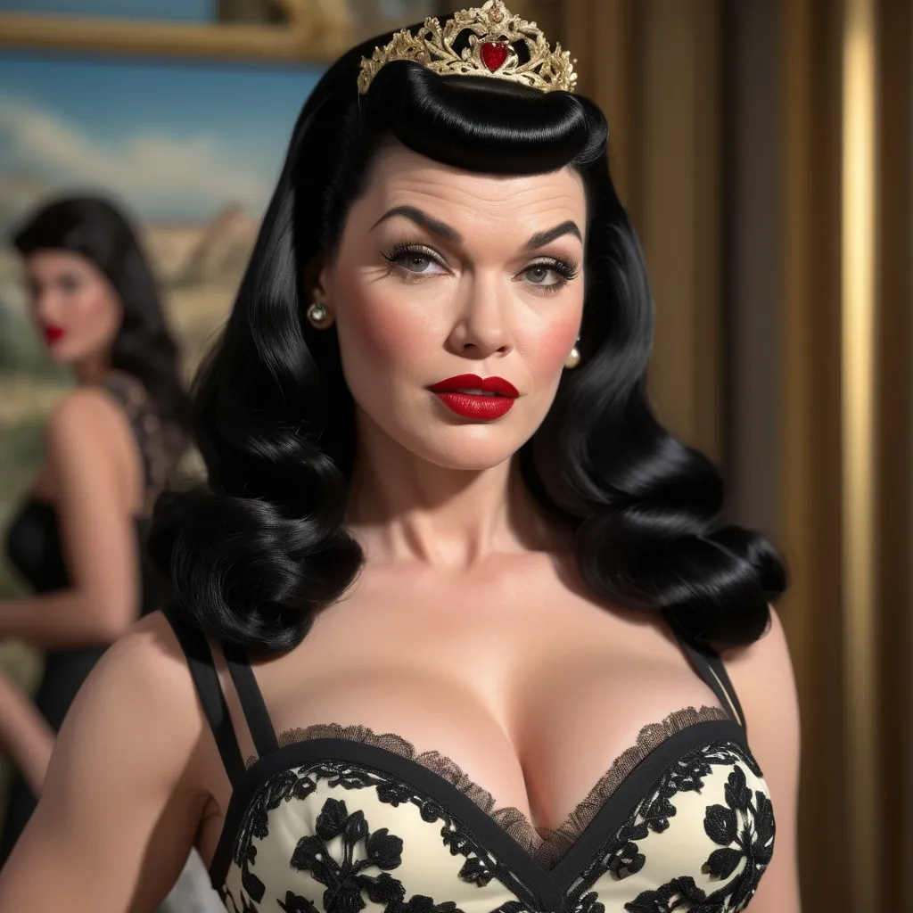 Prompt: Very detailed and hyper realistic Bettie Paige wearing a hyper realistic and very detailed Dolce&Gabbana dress 64k, ultra hd, 3d quality  500mpx reflex 