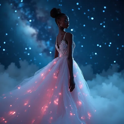 Prompt: Alek Wek in a (delicate Miu Miu outer space dress), ethereal beauty, cosmic theme, elegantly posed, vibrant starry background filled with twinkling galaxies, soft glowing nebulae, ethereal lighting highlighting the subtle colors of the dress, high-fashion allure, serene yet otherworldly ambiance, ultra-detailed, 4K quality, capturing the essence of a celestial fashion journey.