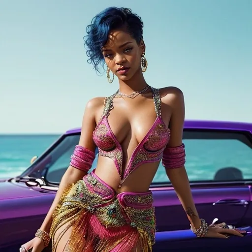 Prompt: (Highest quality photo), Rihanna photorealistic, (vibrant colors), elegant posing, luxurious outfit, intricate details on Dior clothing, radiant makeup, soft lighting accentuating her features, high fashion atmosphere, stylish accessories enhancing the look, dynamic background fitting an upscale fashion theme, ultra-detailed, captivating and confident vibe.