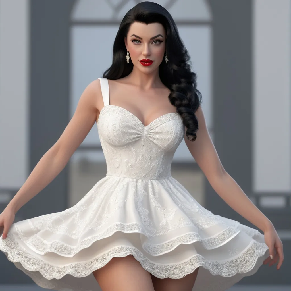 Prompt: Very detailed and hyper realistic Betty Paige wearing a hyper realistic and very detailed Off White dress 64k, ultra hd, 3d quality  500mpx reflex 