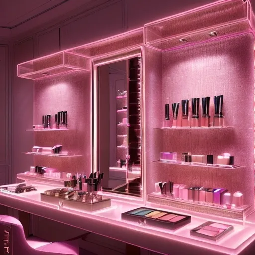 Prompt: (Fenty Beauty vibrant makeup products on display, luxurious setting, warm lighting illuminating the scene, high-quality materials, elegant packaging, diverse assortment of colors, appealing textures, modern aesthetic, ultra-detailed visual style, alluring ambiance, beautiful arrangement focused on beauty and glamour.