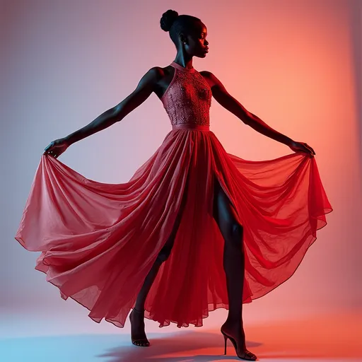 Prompt: (Alek Wek in a Tricot dress), elegant silhouette, intricate texture, fashionable styling, vibrant colors, flowing fabric, dynamic pose, high-fashion ambiance, beautifully lit, soft background, subtle gradients, capturing essence of style, HD resolution, ultra-detailed, showcasing unique design elements, chic and modern, fashion photography aesthetics.