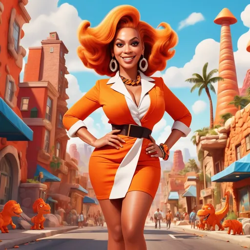 Prompt: (Beyoncé as Wilma Flintstone), vibrant cartoon style, playful expression, iconic red outift with white collar, bright orange hair, stone-age accessories, warm and cheerful ambiance, cartoonish background featuring Bedrock cityscape, iconic dinosaurs casually walking by, sunlit day, colorful scene, 4K, ultra-detailed illustration.