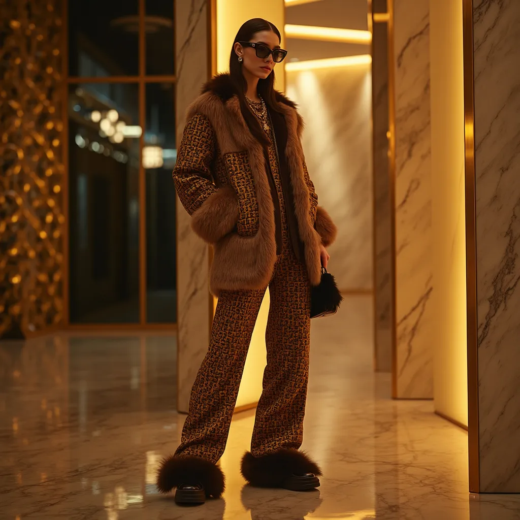 Prompt: A luxurious Fendi total look ensemble displayed in an opulent fashion setting, illuminated by soft, golden ambient lighting that highlights the intricate textures and patterns. The model stands confidently against a sleek, minimalist backdrop with subtle hints of Fendi's signature motifs, such as FF monogram prints and bold fur accents. A modern, sophisticated atmosphere is enhanced by hints of shimmer and reflective surfaces, creating a glamorous and high-fashion ambiance. Consider a cinematic lighting style, photorealistic detail to emphasize the richness of the fabrics and accessories, with a polished, upscale vibe that captures the essence of Fendi's luxe aesthetic.