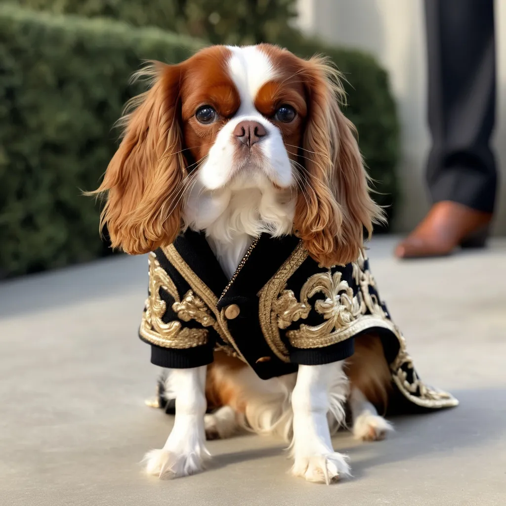 Prompt: Cavalier King wearing a Dolce&Gabbana pet coat