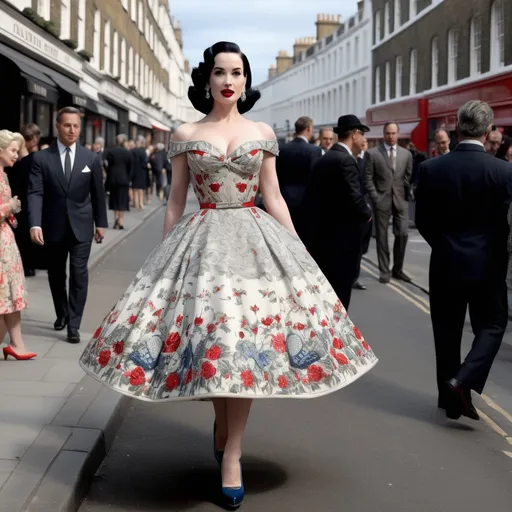 Prompt: Hyper Realistic and very detailed Dita Von Teese wearing a hyper realistic and very detailed Valentino 50s look with a very detailed Valentino dress and very detailed Valentino shoes in the centre of a very accurate 50s London 64k Hd, very accurate 3D 