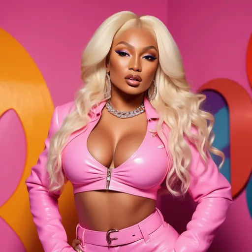 Prompt: (Megan Thee Stallion as Pamela Anderson), stylish, glamorous appearance, sparkling accessories, cascading blonde curls, vibrant expression, edgy and playful pose, high-fashion outfit, merging iconic looks, intricate background elements referencing 90s aesthetics, bright colors, aesthetically captivating, highly detailed, dramatic lighting, ultra-detailed, vibrant setting, lively and dynamic atmosphere.