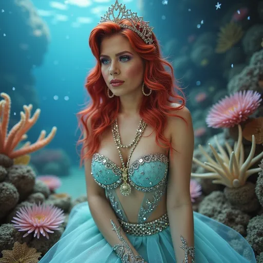 Prompt: Ariel (wearing MiuMiu), elegant fashion design, whimsical underwater setting, hints of oceanic hues, ethereal atmosphere, glistening water effects, vibrant coral reef background, mermaid-inspired outfit combined with luxury fashion, intricate details in clothing textures, harmonious blend of elegance and fantasy, ultra-detailed, HD, captivating and enchanting vibe.