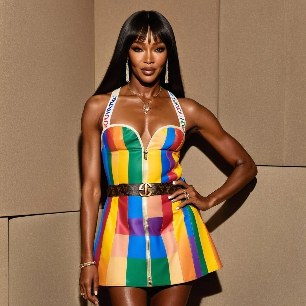 Prompt: Naomi Campbell wearing a special Louis Vuitton dress Pride Month edition 