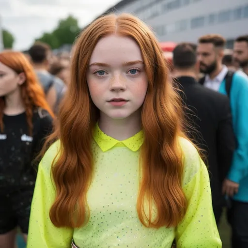 Prompt: Hyper realistic Sadie Sink ready with a rave party festival total look in Berlin ready to party 