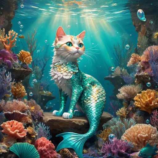 Prompt: (whimsical cat as a mermaid), vibrant scales shimmering in hues of turquoise and gold, enchanting underwater scene filled with colorful coral reefs, playful bubbles floating around, graceful fluid movements in rich, detailed textures, fantasy-inspired background with soft, ethereal lighting, inviting magical atmosphere, ultra-detailed, high-resolution image showcasing an enchanting transformation of a feline in a marine world.