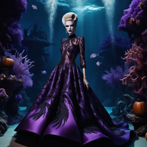 Prompt: (Ursula in a striking Gucci Halloween-inspired dress), vibrant purple and black tones, (dramatic lighting), chic and glamorous design elements, elaborate accessories inspired by sea motifs, enchanting underwater background, capturing a whimsical yet sophisticated ambiance, (ultra-detailed), showcasing fabric textures and patterns reminiscent of high fashion editorials.