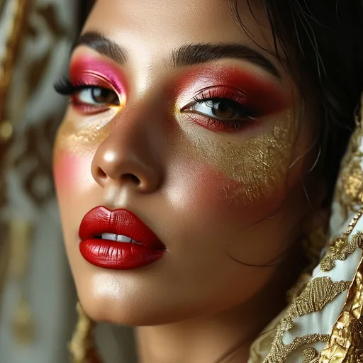 Prompt: (Mesauda full face makeup), vibrant colors, (flawless skin), artistic application, bold eye makeup, captivating lips, glamorous lighting, beauty arrangement, (high-definition), detailed textures, luxurious aesthetics, contemporary look, beauty theme, dynamic composition, expressive showcase, photography style for makeup display.