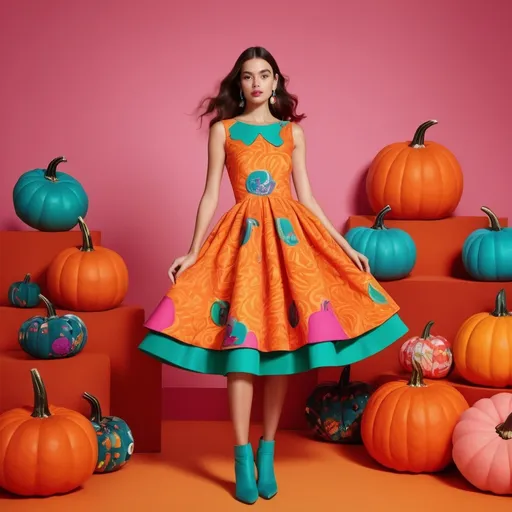 Prompt: (Rosalía in Agatha Ruiz De La Prada inspired pumpkin dress), vibrant colors, whimsical design, playful patterns, lavish and bold silhouette, (textured fabric), cinematic lighting, cheerful atmosphere, dynamic background reflecting festive vibes, contemporary fashion influence, artistic pose, high quality, ultra-detailed, striking visual story.