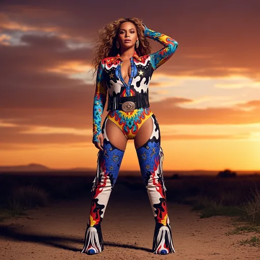 Prompt: Imagine a striking scene where Beyoncé stands confidently in a vibrant, form-fitting cowboy bodysuit, inspired by the bold aesthetics of Moschino, devoid of any logos. The bodysuit bursts with rich hues—electric blues, sun-kissed yellows, and fiery reds—patterned with whimsical motifs that sway with her dynamic pose. The setting is an expansive western landscape at sunset, with swirling clouds ablaze in oranges and pinks, casting a warm glow over the scene. She stands on a dusty trail, her hand resting on her hip, her expression fierce yet graceful, as her hair flows freely in the gentle evening breeze. The lighting is cinematic, highlighting her figure and casting dramatic shadows that enhance the scene's striking contrast. A dreamy vibrant style elevates this visual, tapping into the essence of modern fashion fused with classic western charm.