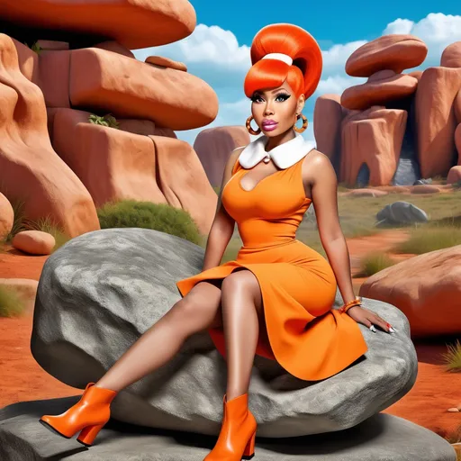 Prompt: Nicki Minaj as Wilma Flintstone, (stylized character), vibrant orange dress with white collar, iconic red hair with a bouffant style, playful expression, sitting on a prehistoric stone rock, fun cartoon-style background with a prehistoric landscape and vintage Stone Age elements, high quality, ultra-detailed, colorful, whimsical atmosphere, blending pop culture and classic animation.