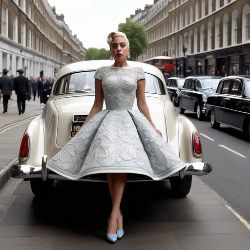 Prompt: Hyper Realistic and very detailed Lady Gaga wearing a hyper realistic and very detailed Valentino 50s look with a very detailed Valentino dress and very detailed Valentino shoes in the centre of a very accurate 50s London 64k Hd, very accurate 3D 