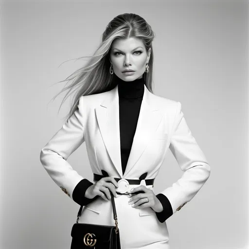 Prompt: Fashion photography Fergie in classic black and white Gucci style, crisp details, very high contrast, elegant avantgarde poses, vintage aesthetic, herb ritts, studio setting, minimalistic composition, high quality, classic, black and white, elegant poses, crisp details, high contrast, studio setting, minimalistic composition, white background
