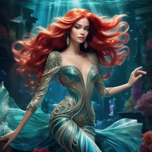 Prompt: (Ariel wearing Balmain), stunning fashion ensemble, (vibrant colors), emphasizing the glamorous fusion of fantasy and haute couture, graceful pose, flowing hair, intricate textile details, luxurious fabrics, (high-quality illustration), beautifully stylized background, enchanting underwater atmosphere, shimmering light effects, magical vibe, showcasing elegance and boldness intertwined, perfect blend of whimsical and fashionable aesthetics.