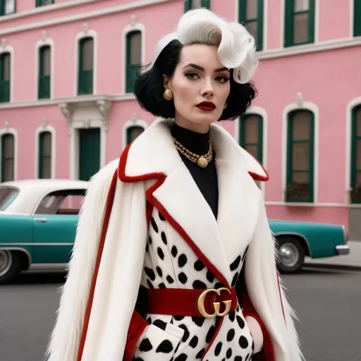Prompt: Hyper realistic Cruella wearing a very detailed Gucci Outfit in a Wes Anderson Movie avoiding pink