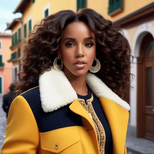 Prompt: Hyperrealistic 3D Kelly Rowland with curly dark hair in 80s italian Courmayeur winter and cold fashion Gianni Versace, photorealistic, accurate features, Versace outfit, high resolution 64k, detailed textures, realistic lighting, Capri street backdrop, sophisticated, elegant, photorealism, Italian fashion, 80s style, high quality, Versace, detailed design, accurate, realistic rendering, lifelike, professional, professional lighting 