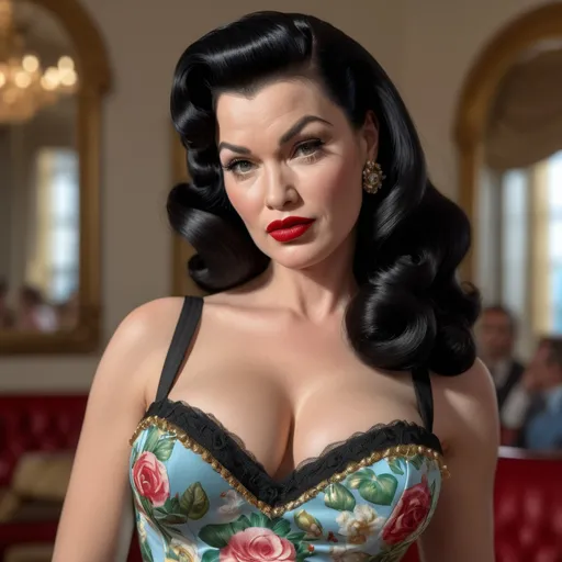 Prompt: Very detailed and hyper realistic Bettie Paige wearing a hyper realistic and very detailed Dolce&Gabbana dress 64k, ultra hd, 3d quality  500mpx reflex 